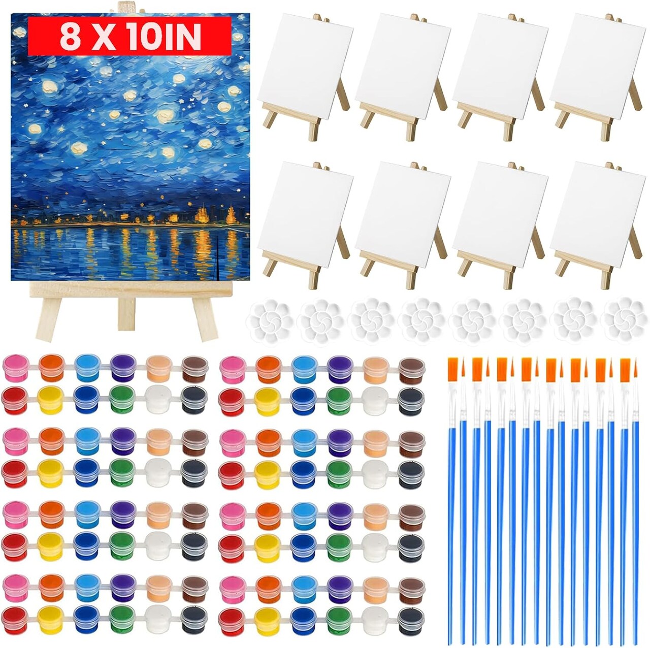 8 Pack Canvas and Easel Set for Party, 8x10in Canvas Painting Set with Wood Easels, Brushes, Paint Trays & Acrylic Paints, Paint Party Supplies Canvas Painting Kits for Adults & Kids